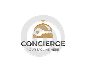 Concierge service logo template. Reception bell and key vector design photo