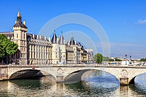 Conciergerie Castle and Bridge of Change over river Seine. Paris, France