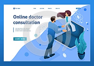 Conclusion of the contract for online consultation of the doctor. Health care concept. 3d isometric. Landing page concepts and web