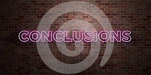 CONCLUSIONS - fluorescent Neon tube Sign on brickwork - Front view - 3D rendered royalty free stock picture