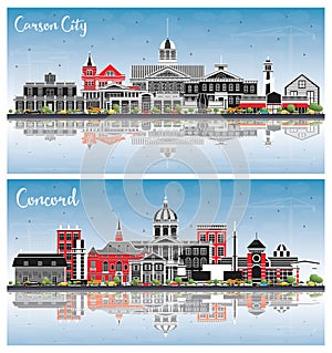 Concord New Hampshire and Carson City Nevada City Skylines Set with Color Buildings, Blue Sky and Reflections