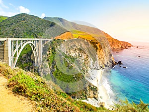 Concrete arch of Bixby Creek Bridge on Pacific rocky coast, Big Sur, California, USA