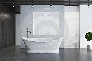 Concrete bathroom, elegant tub and poster