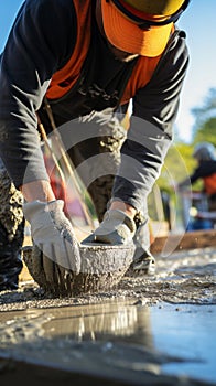 Concrete being poured at the construction site by a dedicated worker.