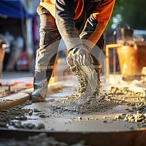 Concrete being poured at the construction site by a dedicated worker.