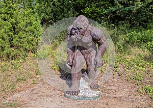 Concrete Bigfoot statue at the entrance to the Port of Jefferson Nature and History Preserve in Jefferson, Texas.