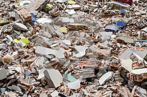 Concrete and brick rubble debris on construction site