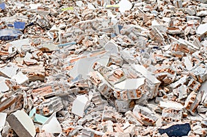 Concrete and brick rubble debris on construction site