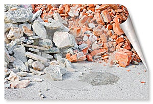 Concrete and brick rubble debris on construction site after a demolition of a brick building - curl and shadow design concept