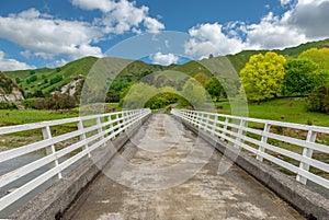 A concrete bridge with white railings spanning a river