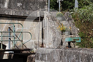 Concrete building with stairs leading up to its entrance, surrounded by potted plants and greenery