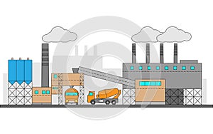 Concrete, cement factory. Industrial illustration with two machines. Editable.