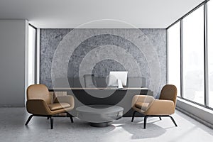 Concrete CEO office interior, leather armchairs