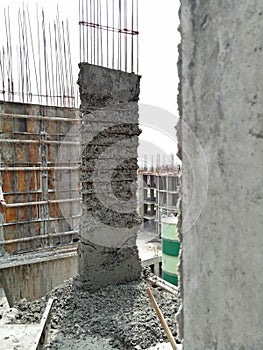 Concrete column damage. honeycomb in concrete
