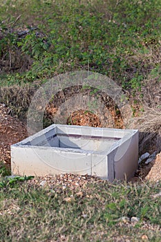 Concrete construction tube pipe. Building a road sewer drain system. Sewer construction.