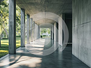 Concrete corridor in modern office building. 3d render illustration. Generative AI