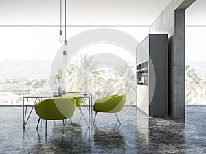 Concrete dining room interior, green armchairs