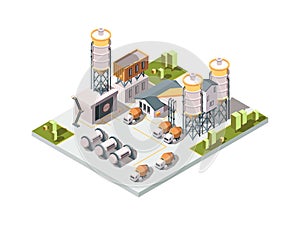 Concrete factory. Machinery manufactory production industrial concept cement mixer machine and tanks vector isometric photo