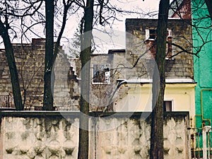 Concrete fence, large trees grow along it, an unfinished building behind the fence, some windows have glass