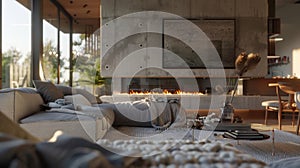 A concrete fireplace stretches along an entire wall of the openconcept living space. The smooth industrial material