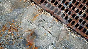 The concrete floors show signs of wear and tear with small cracks and imperfections visible. Rusty metal grates cover