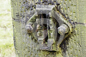 Concrete gate post close up.
