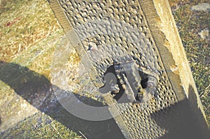 Concrete gate post close up.