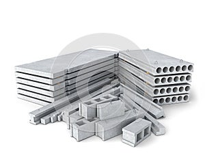 Concrete goods production: slabs and girders, profiles and blocks are stacked together,