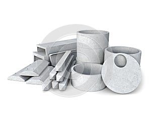 Concrete goods production: stack of concrete tubes, piles, pads, tunnel elements and lids ,
