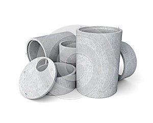 Concrete goods production: stack of tube elements and lids,