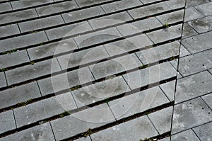 Concrete gray tiles with gaps in the stripes. grass grows in the gaps and acts as an infiltration surface of the car park or sidew