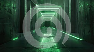 Concrete grungy tunnel background, abstract empty garage with lines of led green light, perspective of modern dark underground