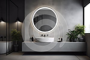 concrete home design interior sink mirror gray wall room bathroom luxury. Generative AI.