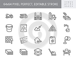 Concrete line icons. Vector illustration include icon - brick, construction, broken stone, spatula, mixer truck, putty