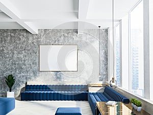 Concrete living room interior, blue sofa, poster