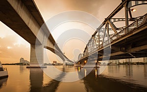 Concrete and metal bridge for transportation concept background.