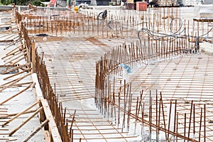 Concrete metal mesh rebar at construction site for floor foundation