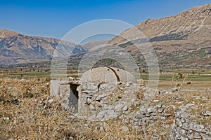 Concrete military bunker ruins built in communist era Albania