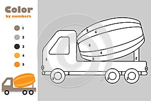 Concrete mixer in cartoon style, color by number, education paper game for the development of children, coloring page, kids