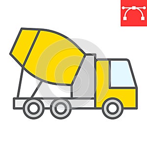 Concrete mixer color line icon, construction and vehicle, cement mixer truck sign vector graphics, editable stroke