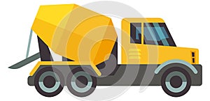 Concrete mixer flat icon. Yellow transport side view