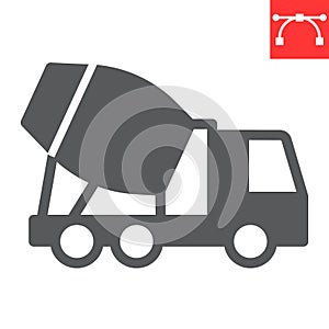 Concrete mixer glyph icon, construction and vehicle, cement mixer truck sign vector graphics, editable stroke solid icon