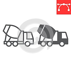 Concrete mixer line and glyph icon, construction and vehicle, cement mixer truck sign vector graphics, editable stroke