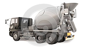 Concrete mixer truck with black cab and grey mixer on white background. Three-dimensional illustration of construction