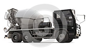 Concrete mixer truck with black cab and grey mixer on white background. Three-dimensional illustration of construction