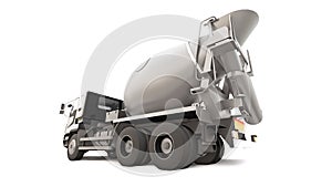 Concrete mixer truck with black cab and grey mixer on white background. Three-dimensional illustration of construction