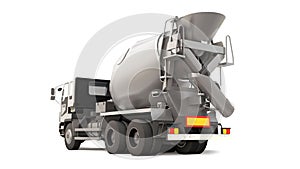 Concrete mixer truck with black cab and grey mixer on white background. Three-dimensional illustration of construction