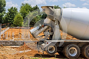 Concrete mixer truck delivery of the fresh concrete the preparing pouring of concrete for foundation