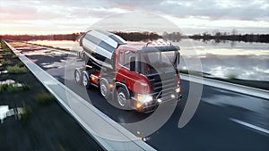 Concrete mixer truck on highway. Very fast driving. Building and transport concept. 3d rendering.