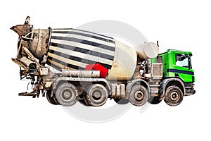 Concrete mixer truck isolated on white background. Loading concrete mixer truck. close-up. Delivery of concrete to the
